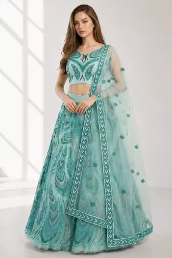 SKY BLUE SEQUINS & EMBROIDERED NET FESTIVAL LEHENGA CHOLI SET FOR WOMEN'S