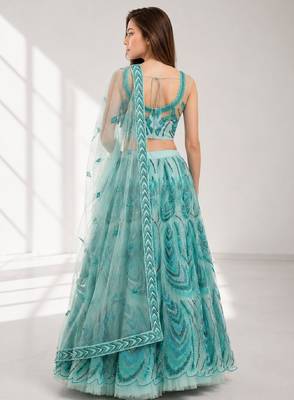SKY BLUE SEQUINS & EMBROIDERED NET FESTIVAL LEHENGA CHOLI SET FOR WOMEN'S 2