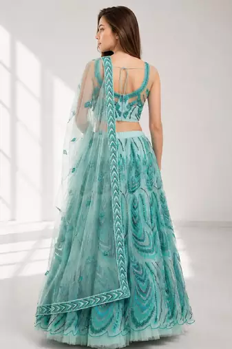 SKY BLUE SEQUINS & EMBROIDERED NET FESTIVAL LEHENGA CHOLI SET FOR WOMEN'S
