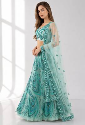 SKY BLUE SEQUINS & EMBROIDERED NET FESTIVAL LEHENGA CHOLI SET FOR WOMEN'S 3