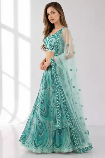 SKY BLUE SEQUINS & EMBROIDERED NET FESTIVAL LEHENGA CHOLI SET FOR WOMEN'S