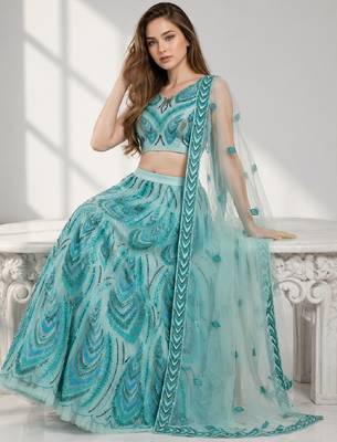 SKY BLUE SEQUINS & EMBROIDERED NET FESTIVAL LEHENGA CHOLI SET FOR WOMEN'S 4