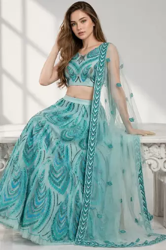 SKY BLUE SEQUINS & EMBROIDERED NET FESTIVAL LEHENGA CHOLI SET FOR WOMEN'S