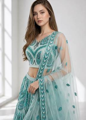 SKY BLUE SEQUINS & EMBROIDERED NET FESTIVAL LEHENGA CHOLI SET FOR WOMEN'S 5