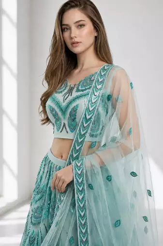 SKY BLUE SEQUINS & EMBROIDERED NET FESTIVAL LEHENGA CHOLI SET FOR WOMEN'S