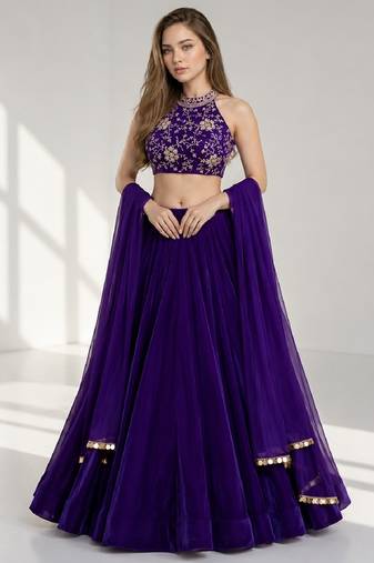 purple velvet embroidered navratri lehenga choli set 