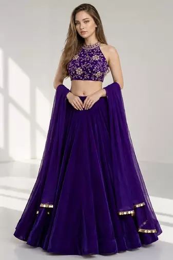 PURPLE SEQUINS & EMBROIDERED VELVET FESTIVAL LEHENGA CHOLI SET FOR WOMEN'S