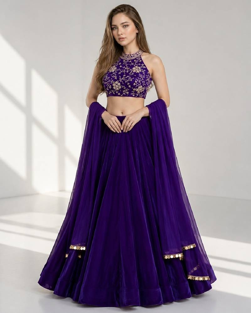 PURPLE SEQUINS & EMBROIDERED VELVET FESTIVAL LEHENGA CHOLI SET FOR WOMEN'S