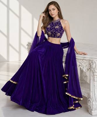 PURPLE SEQUINS & EMBROIDERED VELVET FESTIVAL LEHENGA CHOLI SET FOR WOMEN'S 4