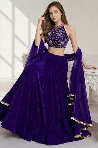 PURPLE SEQUINS & EMBROIDERED VELVET FESTIVAL LEHENGA CHOLI SET FOR WOMEN'S