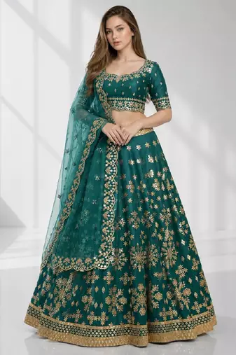 GREEN SEQUINS & EMBROIDERED ART SILK FESTIVAL LEHENGA CHOLI SET FOR WOMEN'S