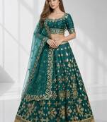 GREEN SEQUINS & EMBROIDERED ART SILK FESTIVAL LEHENGA CHOLI SET FOR WOMEN'S