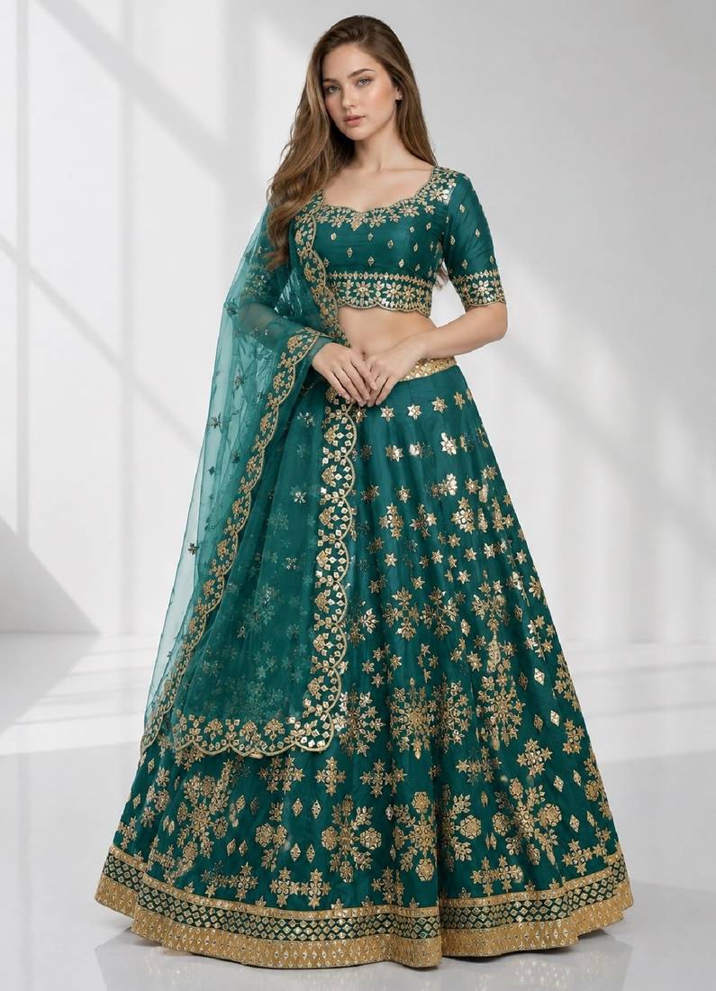 GREEN SEQUINS & EMBROIDERED ART SILK FESTIVAL LEHENGA CHOLI SET FOR WOMEN'S