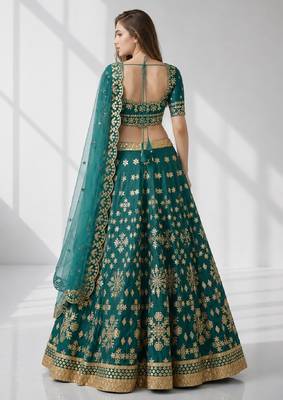 GREEN SEQUINS & EMBROIDERED ART SILK FESTIVAL LEHENGA CHOLI SET FOR WOMEN'S 2