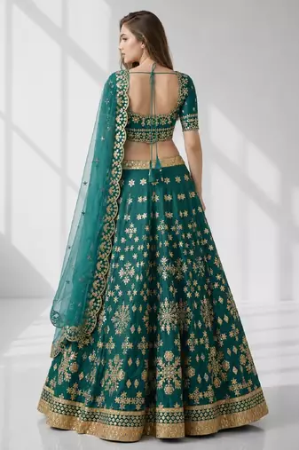 GREEN SEQUINS & EMBROIDERED ART SILK FESTIVAL LEHENGA CHOLI SET FOR WOMEN'S