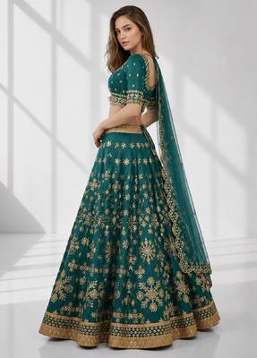 GREEN SEQUINS & EMBROIDERED ART SILK FESTIVAL LEHENGA CHOLI SET FOR WOMEN'S 3