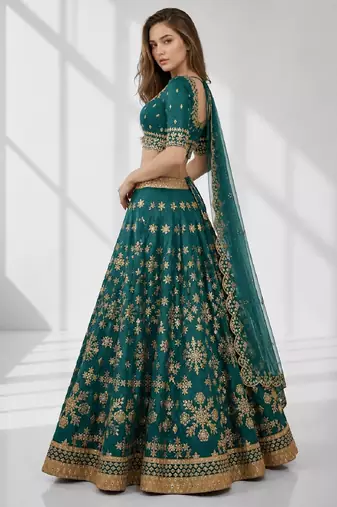 GREEN SEQUINS & EMBROIDERED ART SILK FESTIVAL LEHENGA CHOLI SET FOR WOMEN'S