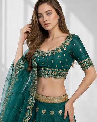 GREEN SEQUINS & EMBROIDERED ART SILK FESTIVAL LEHENGA CHOLI SET FOR WOMEN'S 4