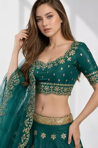 GREEN SEQUINS & EMBROIDERED ART SILK FESTIVAL LEHENGA CHOLI SET FOR WOMEN'S