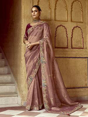 Brown Silk Blend Embroidery Sequence Work Saree with Unstitched Blouse Piece  1