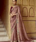 Brown Silk Blend Embroidery Sequence Work Saree with Unstitched Blouse Piece 