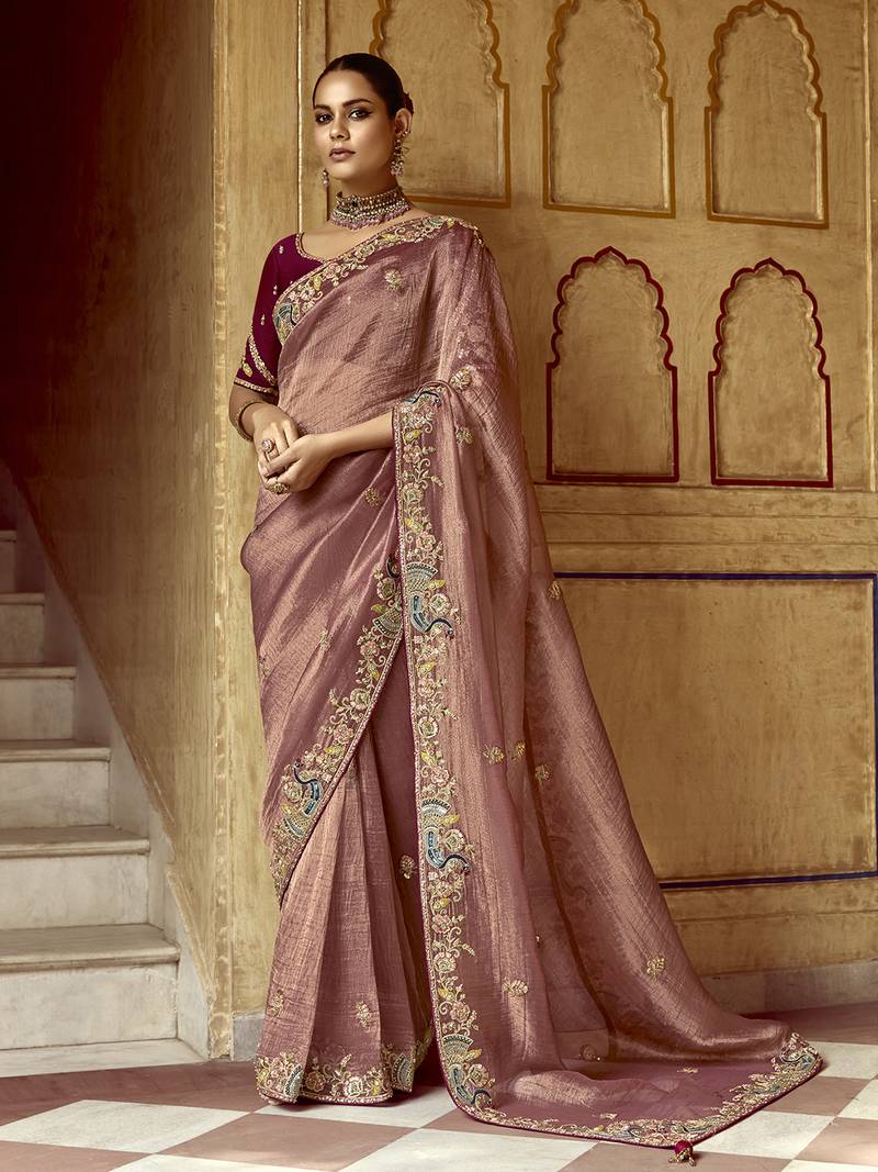 Brown Silk Blend Embroidery Sequence Work Saree with Unstitched Blouse Piece 
