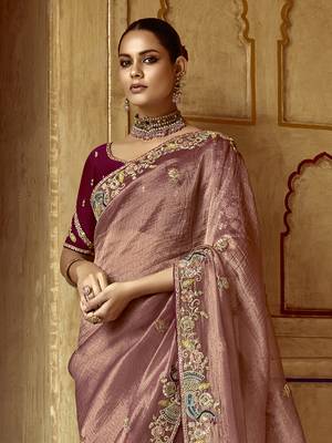 Brown Silk Blend Embroidery Sequence Work Saree with Unstitched Blouse Piece  3