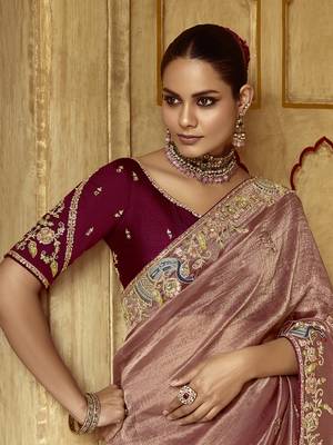 Brown Silk Blend Embroidery Sequence Work Saree with Unstitched Blouse Piece  4