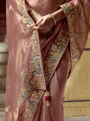 Brown Silk Blend Embroidery Sequence Work Saree with Unstitched Blouse Piece  5