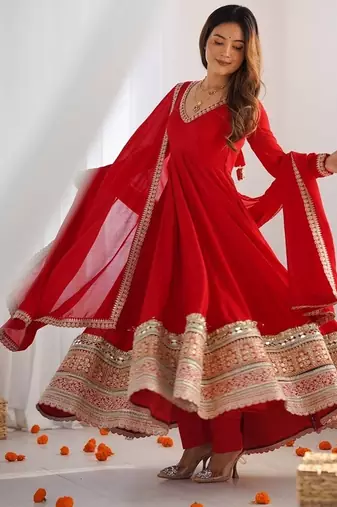 Red blooming vichitra silk embroidered anarkali suit with dupatta for women's