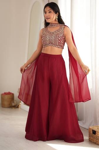 Maroon crunchy silk indo-western crop top palazzo set with neck dupatta