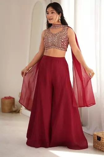 Maroon crunchy silk indo-western crop top palazzo set with neck dupatta