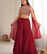 Maroon crunchy silk indo-western crop top palazzo set with neck dupatta