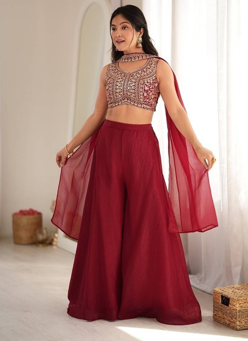Maroon crunchy silk indo-western crop top palazzo set with neck dupatta