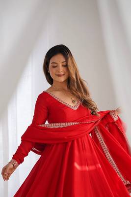 Red blooming vichitra silk embroidered anarkali suit with dupatta for women's 3