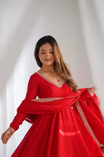 Red blooming vichitra silk embroidered anarkali suit with dupatta for women's