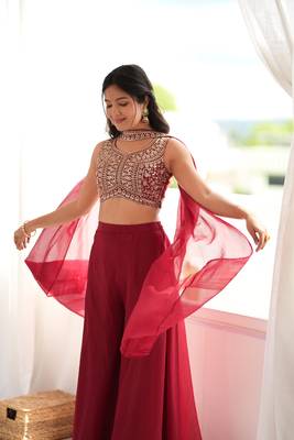 Maroon crunchy silk indo-western crop top palazzo set with neck dupatta 2