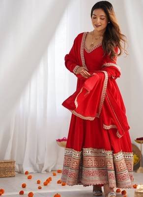 Red blooming vichitra silk embroidered anarkali suit with dupatta for women's 4