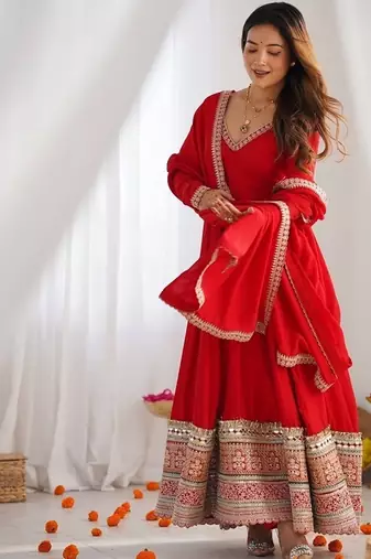 Red blooming vichitra silk embroidered anarkali suit with dupatta for women's