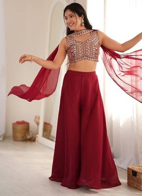 Maroon crunchy silk indo-western crop top palazzo set with neck dupatta 3