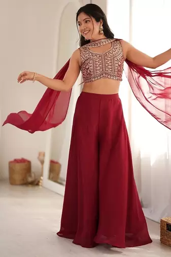 Maroon crunchy silk indo-western crop top palazzo set with neck dupatta