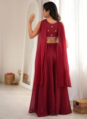 Maroon crunchy silk indo-western crop top palazzo set with neck dupatta 4