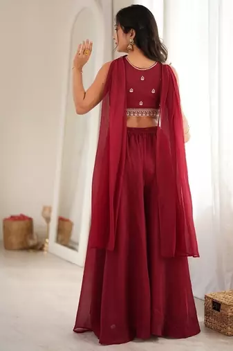 Maroon crunchy silk indo-western crop top palazzo set with neck dupatta