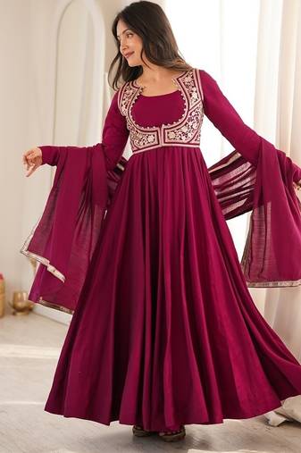 rani pink  silk embroidered anarkali gown with jacket, bottom & dupatta