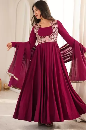 rani pink  silk embroidered anarkali gown with jacket, bottom & dupatta