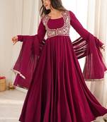 rani pink  silk embroidered anarkali gown with jacket, bottom & dupatta