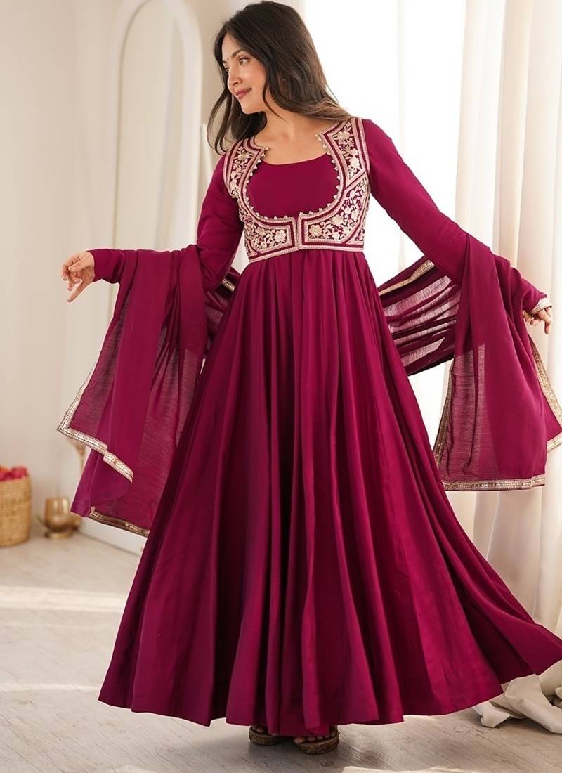 rani pink  silk embroidered anarkali gown with jacket, bottom & dupatta