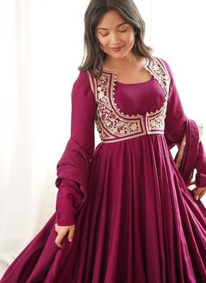 rani pink  silk embroidered anarkali gown with jacket, bottom & dupatta 3