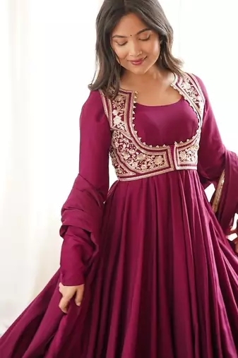 rani pink  silk embroidered anarkali gown with jacket, bottom & dupatta