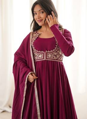 rani pink  silk embroidered anarkali gown with jacket, bottom & dupatta 4